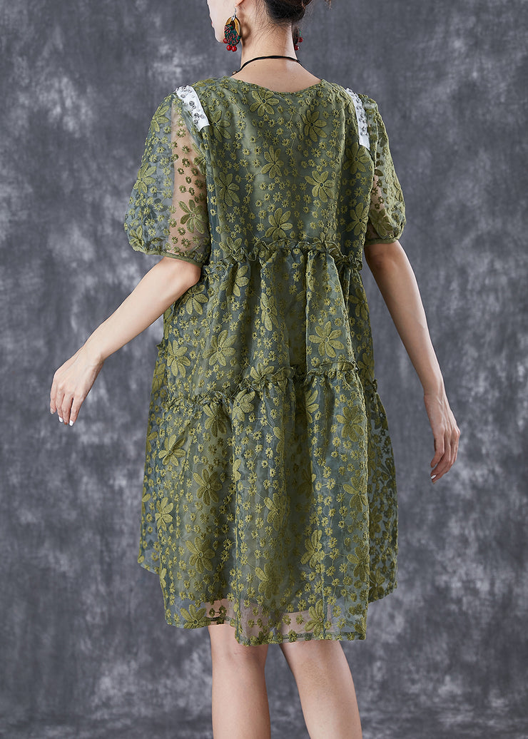 French Army Green Embroidered Ruffled Tulle Vacation Dresses Summer
