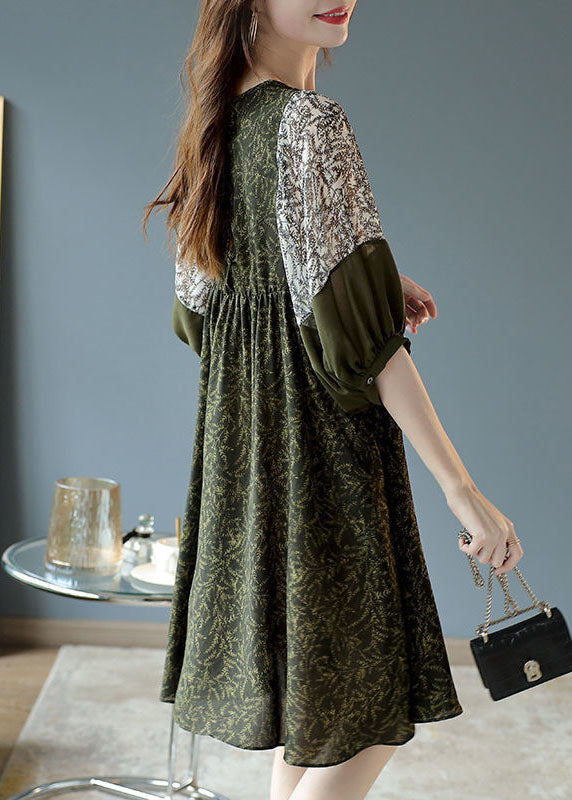 French Army Green O-Neck Patchwork Print Chiffon Vacation Dresses Half Sleeve