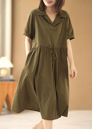 French Army Green Peter Pan Collar Cinched Pockets Cotton Cinch Long Dress Short Sleeve