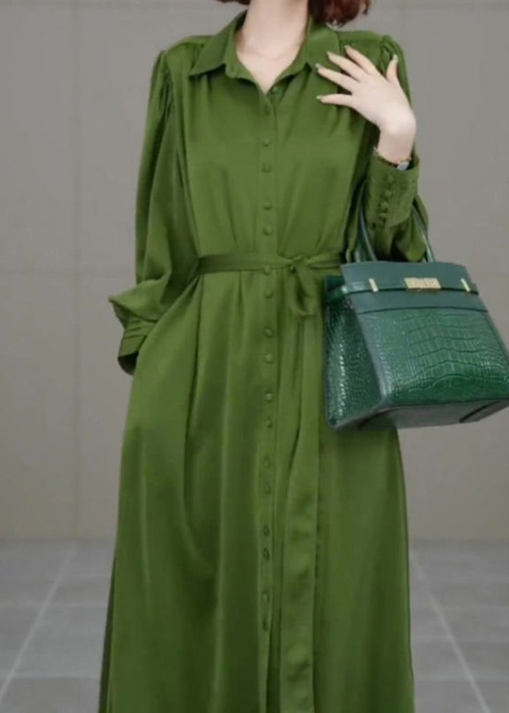 French Army Green Peter Pan Collar Tie Waist Chiffon Vacation Dresses Spring