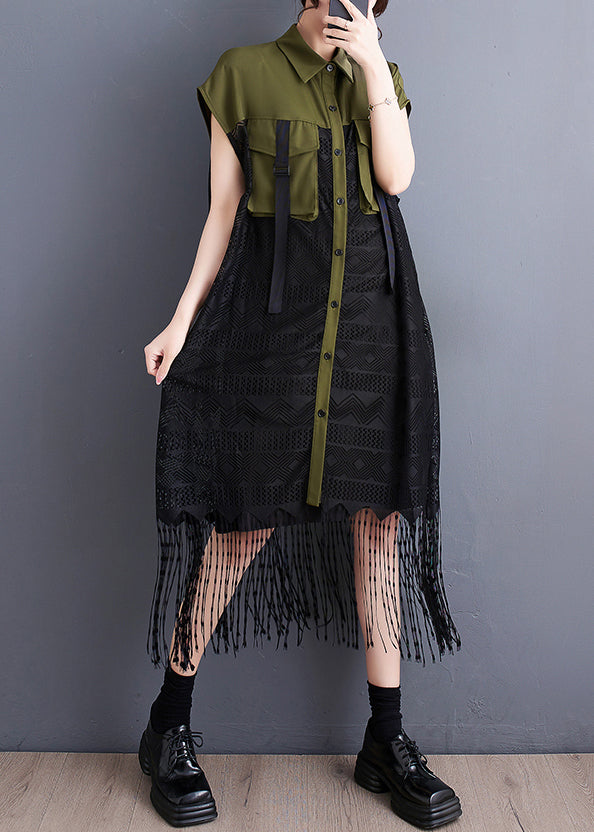 French Army Green Tassel Patchwork Lace Holiday Dress Summer