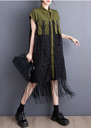 French Army Green Tassel Patchwork Lace Holiday Dress Summer