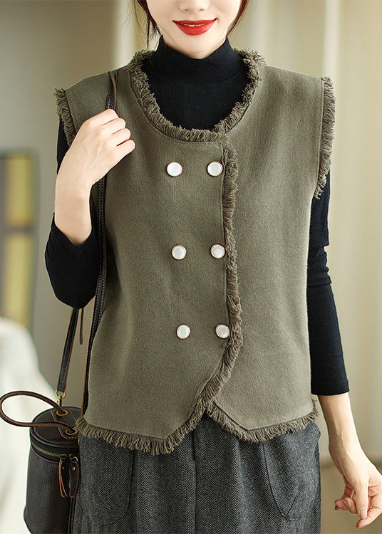 French Army Green Tasseled Double Breast Cotton Vest Top Spring