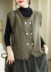 French Army Green Tasseled Double Breast Cotton Vest Top Spring