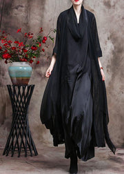 French Asymmetric Flowy Black Chiffon Cardigan Oversized Coats - SooLinen