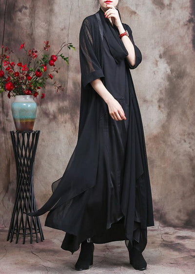 French Asymmetric Flowy Black Chiffon Cardigan Oversized Coats - SooLinen