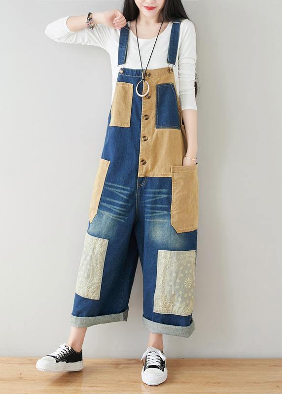French Baby Blue Patchwork Jeans Jumpsuit Women - SooLinen