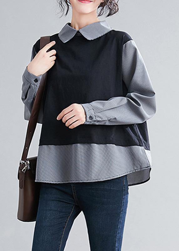French Batwing Sleeve patchwork shirts women Sewing black shirts - SooLinen