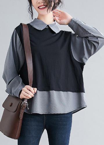 French Batwing Sleeve patchwork shirts women Sewing black shirts - SooLinen