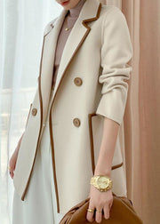 French Beige Button Pockets Patchwork Woolen Coat Fall