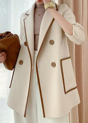 French Beige Button Pockets Patchwork Woolen Coat Fall