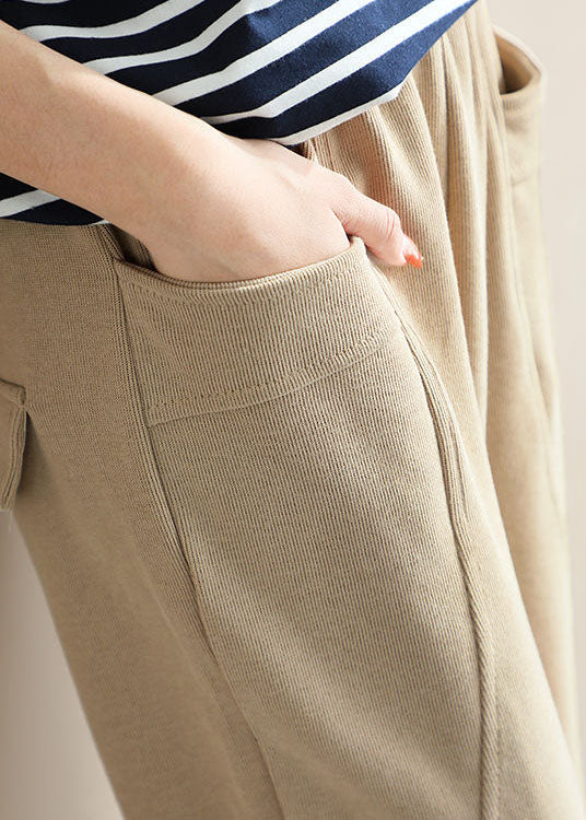 French Beige Elastic Waist Patchwork Cotton Harem Pants Spring