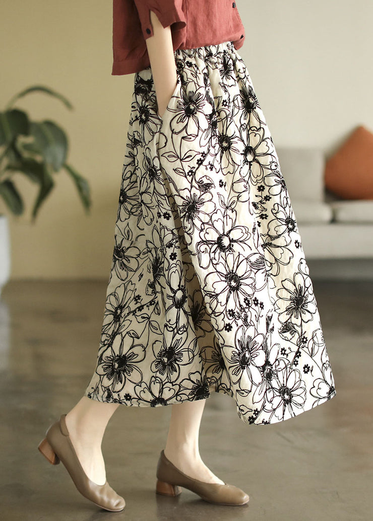 French Beige Embroidered Exra Large Hem Pockets Linen Skirts Summer