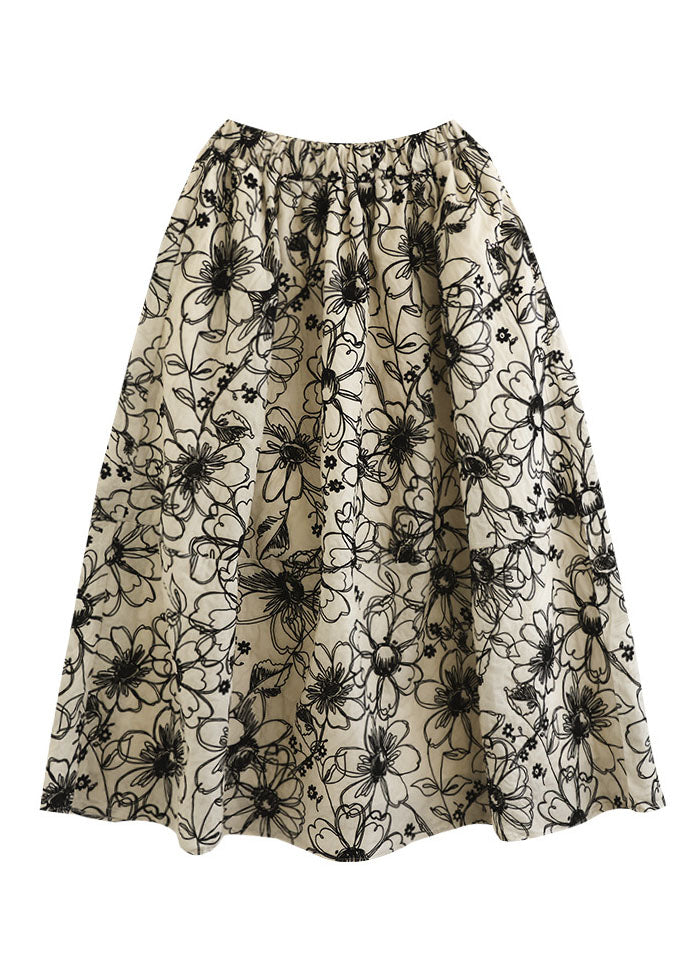 French Beige Embroidered Exra Large Hem Pockets Linen Skirts Summer