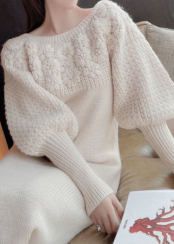 French Beige Flower Knitted Off Shoulder Sweater Dress Autumn