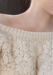 French Beige Flower Knitted Off Shoulder Sweater Dress Autumn