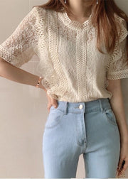 French Beige Hollow Out Patchwork Lace Top Summer