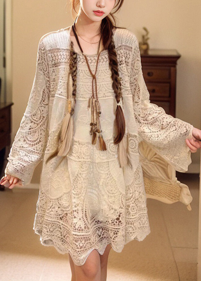 French Beige Hollow Out Solid Lace Mid Dress Spring