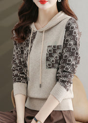French Beige Hooded Patchwork Cozy Cotton Knit Top Fall