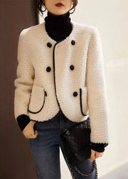 French Beige O Neck Pockets Patchwork Wool Coats Winter
