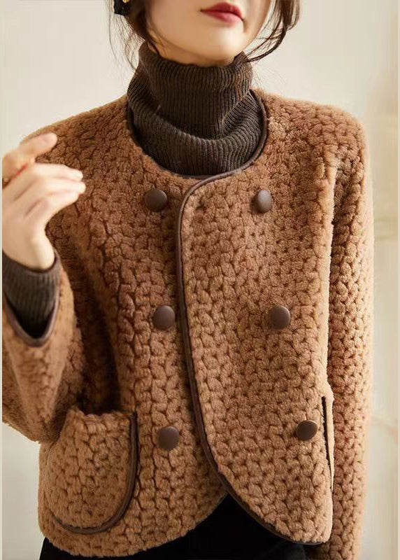 French Beige O Neck Pockets Patchwork Wool Coats Winter