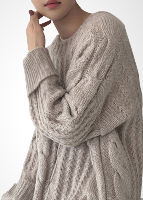 French Beige O-Neck Side Open Wool Cable Knit Long Sweater Winter