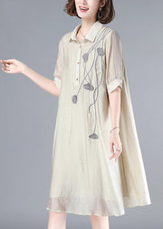 French Beige Peter Pan Collar Embroidered Button Long Dress Summer