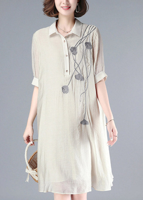 French Beige Peter Pan Collar Embroidered Button Long Dress Summer