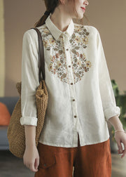 French Beige Peter Pan Collar Embroidered Linen Shirt Tops Spring