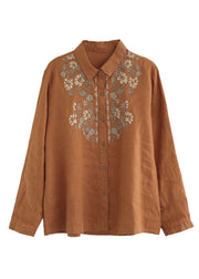 French Beige Peter Pan Collar Embroidered Linen Shirt Tops Spring