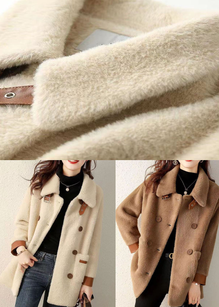 French Beige Peter Pan Collar Pockets Patchwork Faux Fur Coat Fall