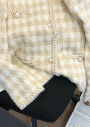 French Beige Plaid Button Pockets Mink Hair Knitted Coat Fall