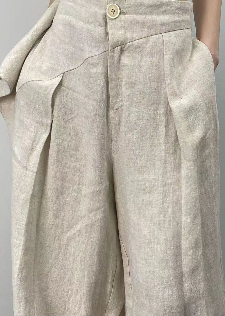 French Beige Pockets High WaistPatchwork Linen Wide Leg Pants Fall