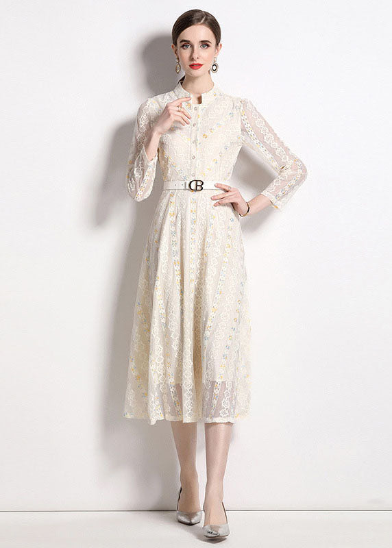 French Beige Stand Collar Embroidered Patchwork Lace Dresses Fall