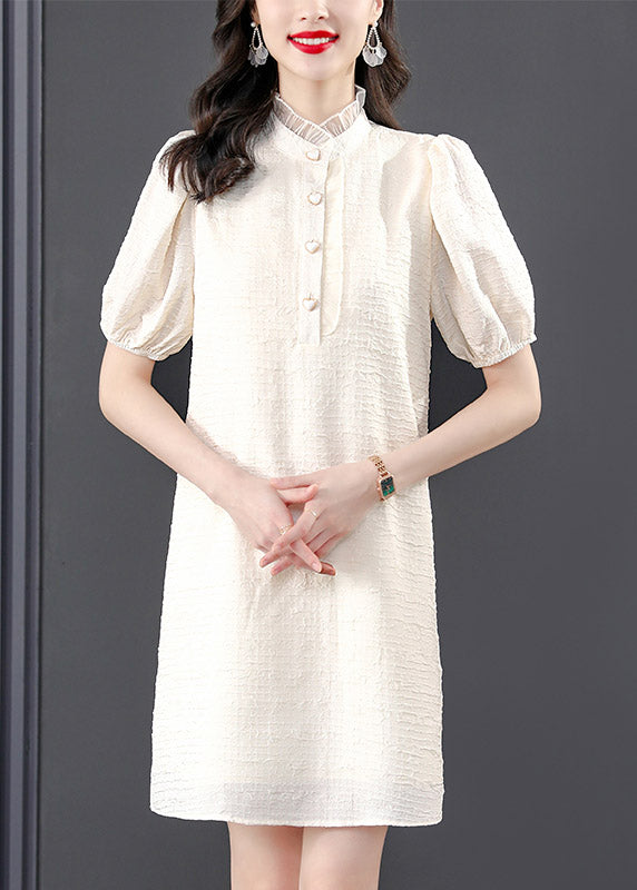 French Beige Stand Collar Lace Patchwork Button Mid Dress Summer