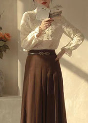 French Beige Stand Collar Lace Warm Fleece Top Long Sleeve
