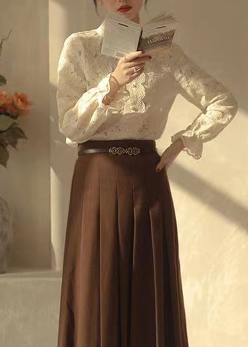 French Beige Stand Collar Lace Warm Fleece Top Long Sleeve