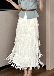 French Beige Tasseled High Waist Chiffon Skirts Spring