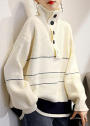 French Beige Turtleneck Button Cozy Wool Knit Sweaters Long Sleeve