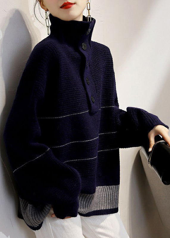French Beige Turtleneck Button Cozy Wool Knit Sweaters Long Sleeve