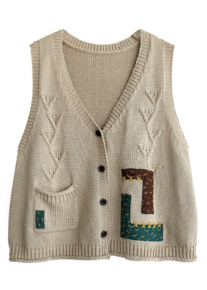 French Beige V Neck Button Pockets Cotton Knit Waistcoat Sleeveless
