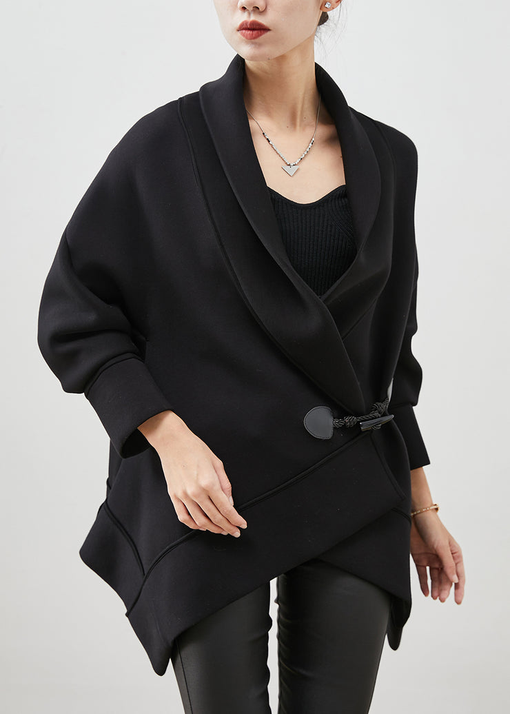 French Black Asymmetrical Chinese Button Cotton Trench Spring