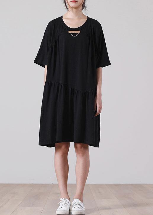 French Black Asymmetrical Cotton Dress Summer Dresses - SooLinen