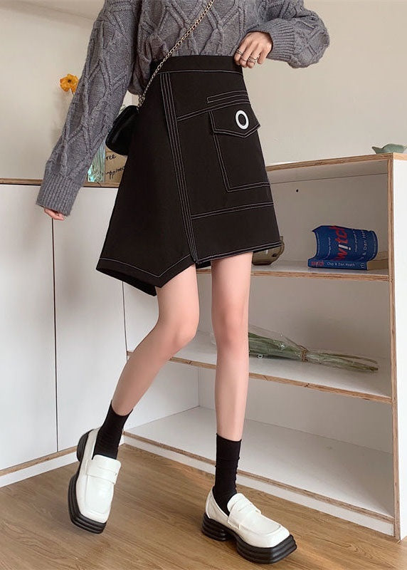 French Black Asymmetrical Design Patchwork Cotton Skirts Spring
