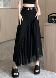 French Black Asymmetrical Design Patchwork Tulle Pleated Skirt Summer