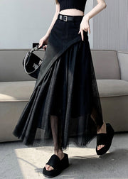 French Black Asymmetrical Design Patchwork Tulle Pleated Skirt Summer