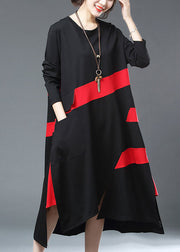 French Black Asymmetrical Design Pockets Patchwork Cotton Long Dress Fall