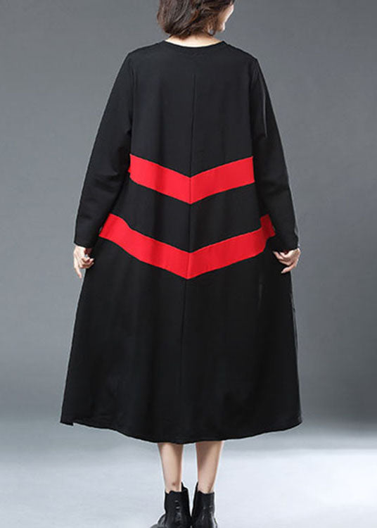 French Black Asymmetrical Design Pockets Patchwork Cotton Long Dress Fall