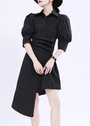 French Black Asymmetrical Design Solid Color Cotton Shirt Dress Lantern Sleeve