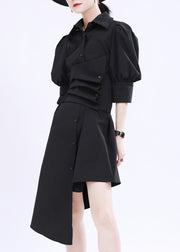 French Black Asymmetrical Design Solid Color Cotton Shirt Dress Lantern Sleeve